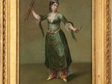 un tableau représentant une femme en robe verte tenant une baguette magique