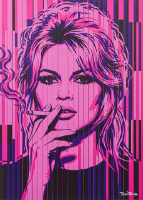 a painting of a woman smoking a cigarette on a pink background