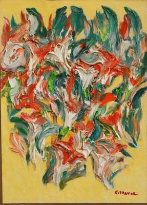 une image représentant un tableau représentant un bouquet de fleurs sur fond jaune