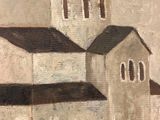 painting of a white church with a black roof and a brown roof