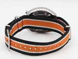 an orange and white striped watch strap with a silver buckle