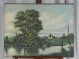 un tableau posé sur un chevalet, avec, en arrière-plan, un tableau représentant une maison