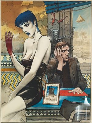 tableau représentant un homme et une femme assis sur un banc devant une fenêtre