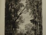 a black and white drawing of a person walking down a road