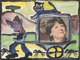 a picture of a painting of a woman being pulled by a horse