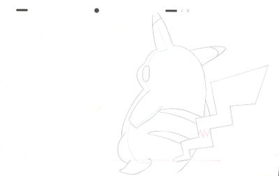 dessin représentant un Pikachu assis sur une feuille de papier blanche