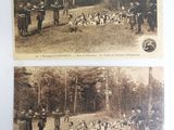 two old black and white photos of a group of people in a forest