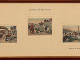 trois photos encadrées représentant des chevaux et des jockeys dans différentes positions