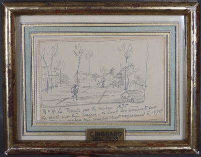 dessin encadré représentant une scène de parc avec des arbres et un banc