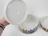 someone is holding a bowl with a lid and another bowl with a lid