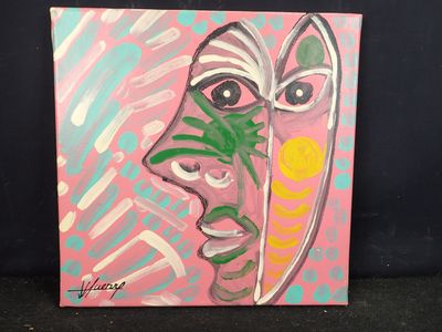 peinture représentant le visage d'une femme sur fond rose