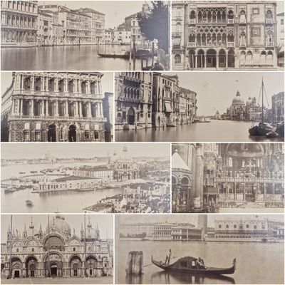 un collage de photos d'une ville avec des bateaux et des bâtiments