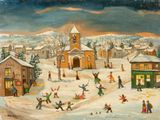 un tableau représentant des gens jouant dans la neige dans une ville