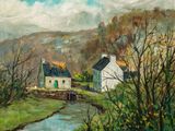 an oil painting of a small white house near a river