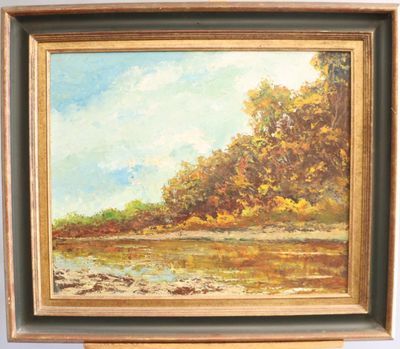 une peinture à l'huile représentant un paysage avec des arbres en arrière-plan
