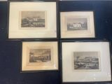 four framed pictures of a city and a river in a black frame