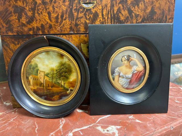 Miniature ronde « Paysage italien », XIXe. Joint une miniature mo...