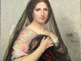 un vieux tableau représentant une femme voilée tenant un éventail