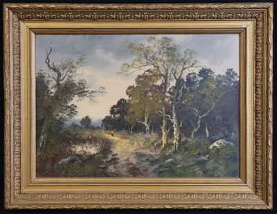 une peinture à l'huile représentant un paysage boisé avec des moutons qui paissent au premier plan