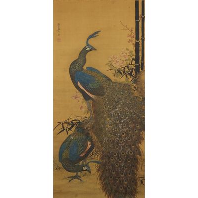 an oriental painting of two peacocks sitting on a tree branch