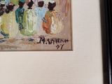 a painting of three vases with flowers in them