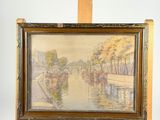 an oil painting of a river scene on a wooden easel