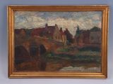 an oil painting of a bridge over a river with buildings in the background