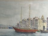 une peinture représentant un bateau dans l'eau à côté d'un bâtiment