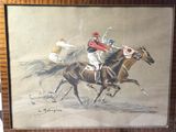 une photo d'un tableau représentant deux jockeys à cheval