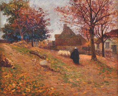 une peinture à l'huile représentant une femme marchant sur une route avec un mouton