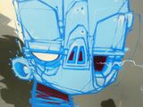 painting of a blue robot with red eyes on a wall