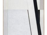 une peinture abstraite composée de carrés noirs, blancs et gris sur fond blanc