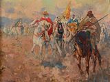 un tableau représentant un groupe d'hommes à cheval