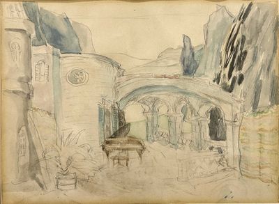dessin représentant un bâtiment avec un piano au milieu