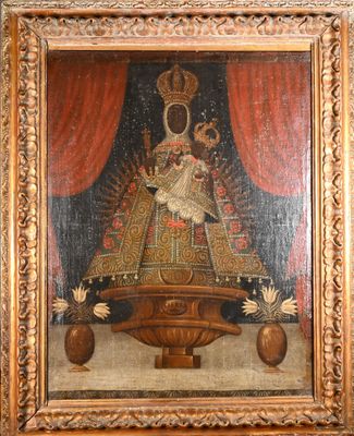 an image of a painting of a woman holding a child on a throne