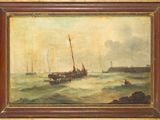 une peinture à l'huile représentant un bateau sur un plan d'eau, avec un phare en arrière-plan