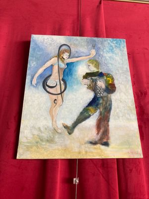 un tableau représentant un homme et une femme devant un rideau rouge