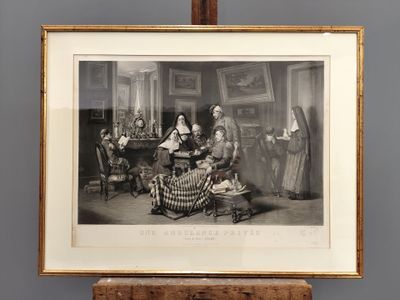 an old picture of a group of people sitting around a table