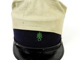 a black hat with a green leaf on it