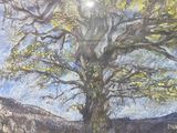 an oil painting of a tree in a grassy field with mountains in the background