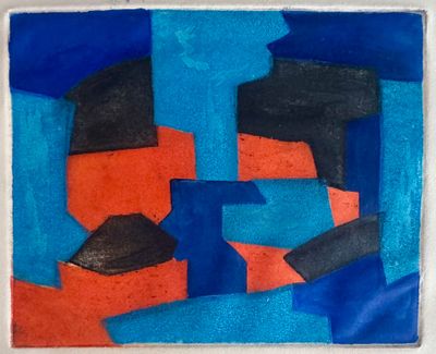 peinture représentant une œuvre abstraite bleue et rouge sur un mur blanc