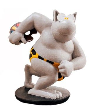 figurine of a cat in a bathing suit holding a remote control