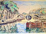 peinture représentant des bateaux dans un port, avec un pont en arrière-plan