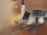 painting of a church in a field with a brown sky in the background