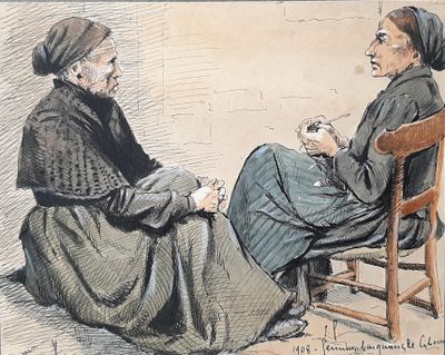 dessin représentant un homme et une femme assis sur une chaise
