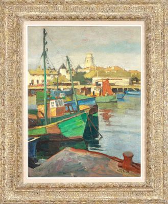 une peinture à l'huile représentant des bateaux amarrés dans un port, avec des bâtiments en arrière-plan
