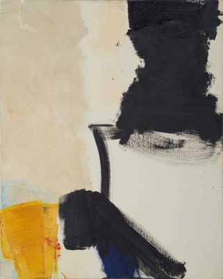 an image of a painting with black, white, and yellow colors