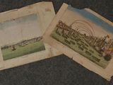 two old postcards of a farm scene with a windmill in the distance