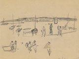 dessin représentant un groupe de personnes sur une plage, avec des bateaux en arrière-plan