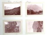 several photographs of a mountain range with trees and mountains in the background